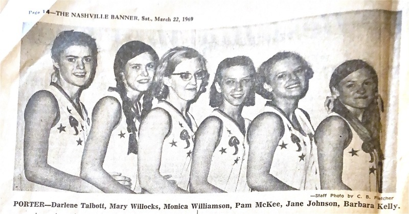 B&W newspaper photo of starting lineup for Porter girls basketball team 1969: Darlene Talbott, Mary Willocks, Monica Williamson, Pam McKee, Jane Johnson & Barbara Kelly.