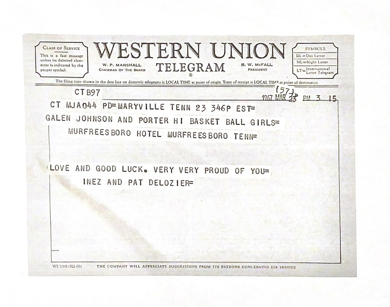 A photograph of a telegram sent from supporters in the Porter Community to congratulate Coach Johnson and the 1967 team for winning the State Championship.