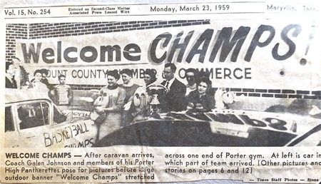 B&W newspaper photo of Coach Johnson and 1959 State Champion team arriving back home from winning the Tennessee State Girls Basketball Championship.
