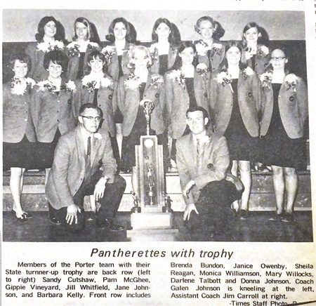 B&W formal newspaper photo of the 1969 State runner-up Porter High School Girls Basketball team with Coach Johnson & Asst. Coach Jim Carroll.