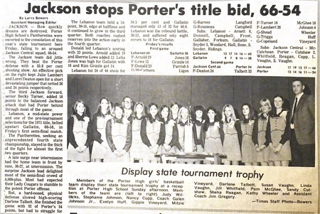 B&W newspaper photo of 1971 State runner-up Porter High School Girls Basketball team with state tournament trophy.