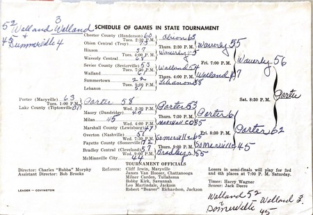 Brackets form the 1967 Tennessee State Girls Basketball Tournament with winners written in by hand.