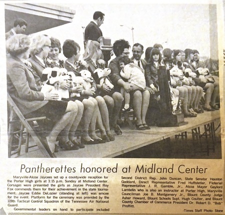 B&W newspaper photo of the reception at Midland Center for the 1969 Porter HS Girls Basketball Team.