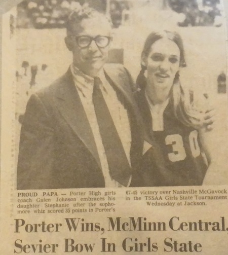 B&W newspaper photo of Coach Galen Johnson and his daughter Stephanie.