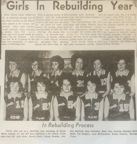 B&W newspaper photo of 1965 Porter High School Girls basketball team.