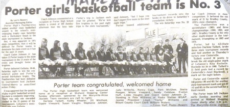 B&W newspaper photo and article congratulating and welcoming home the 1971 Porter HS girls basketball team.