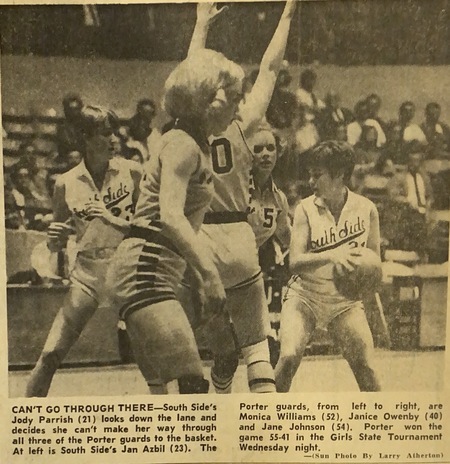 B&W newspaper game photo of Porter vs. South Side in girls high school basketball. 1969.