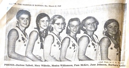 B&W newspaper photo of starting lineup for Porter girls basketball team 1969: Darlene Talbott, Mary Willocks, Monica Williamson, Pam McKee, Jane Johnson & Barbara Kelly.
