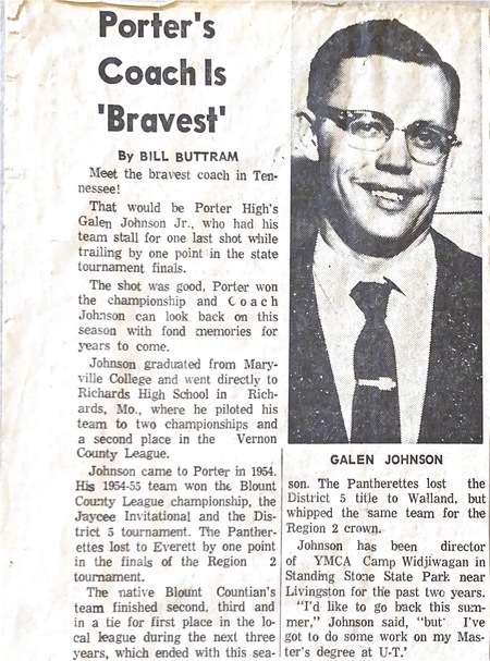 B&W newspaper article & photo about Coach Galen Johnson.