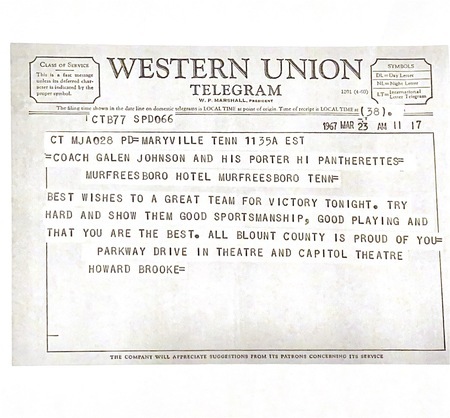 A photograph of a telegram sent from supporters in the Porter Community to congratulate Coach Johnson and the 1967 team for winning the State Championship.