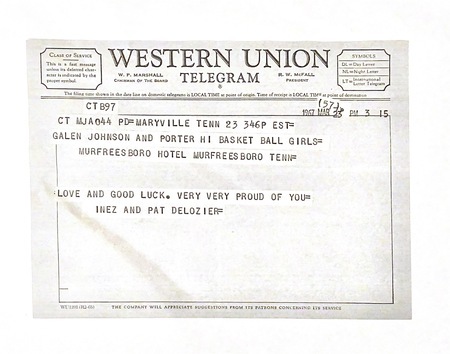 A photograph of a telegram sent from supporters in the Porter Community to congratulate Coach Johnson and the 1967 team for winning the State Championship.